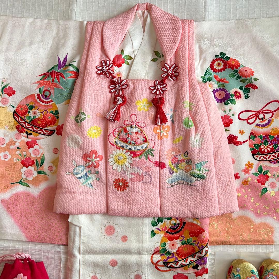 七五三 3歳 被布 着物 絹 三歳 白 ピンク 草履 753 巾着 女の子