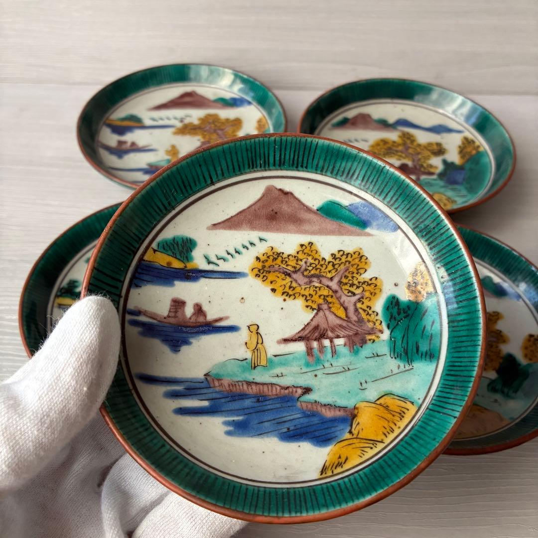 【1枚難あり】九谷焼　吉田屋窯　小皿　角福　山水　青手　年代物　共箱　和食器