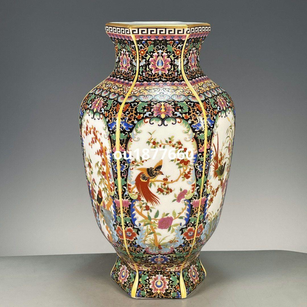 琺瑯彩六面開窓花鳥賞瓶 景徳鎮 陶磁器 装飾品 現代工芸品 美術品 置物