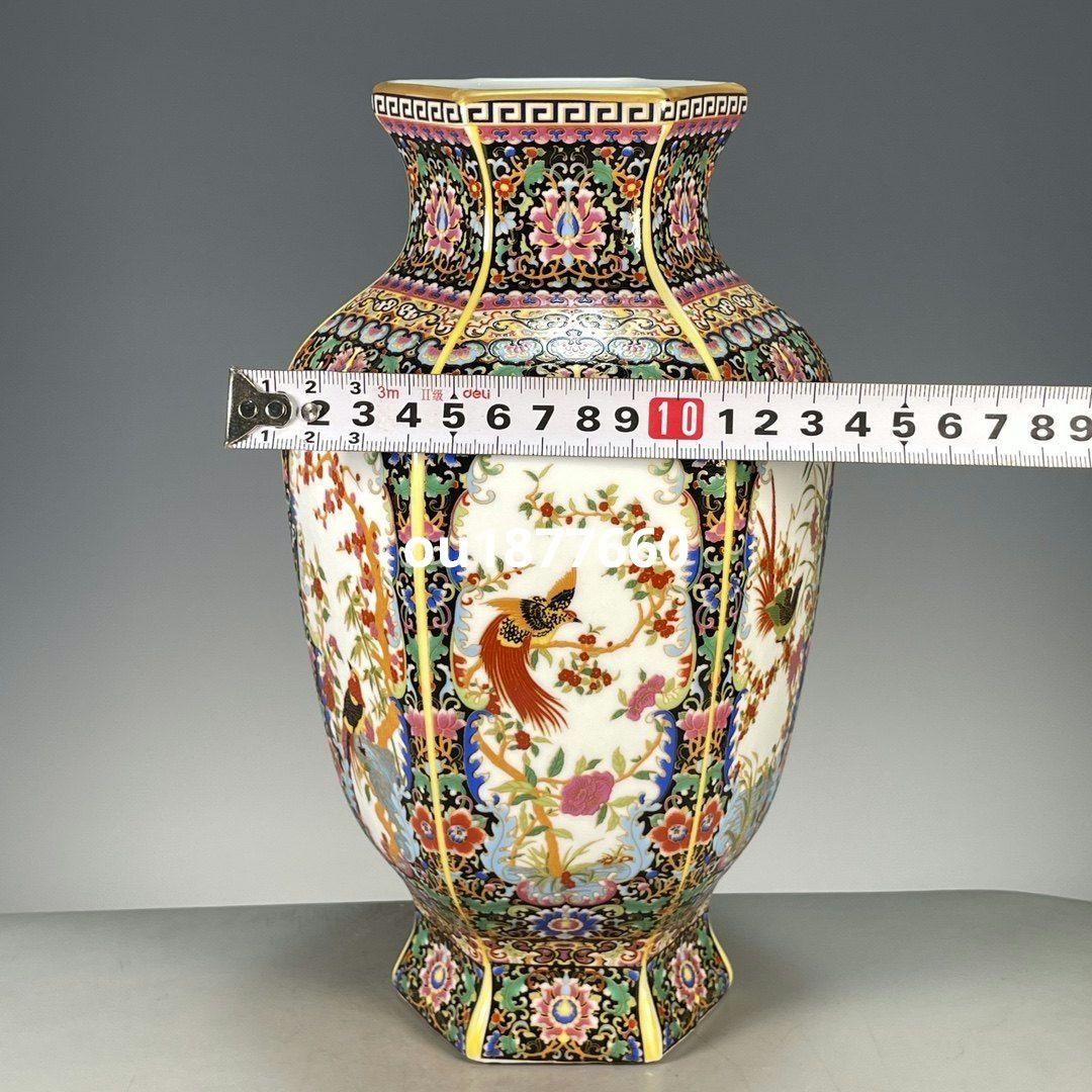 琺瑯彩六面開窓花鳥賞瓶 景徳鎮 陶磁器 装飾品 現代工芸品 美術品 置物