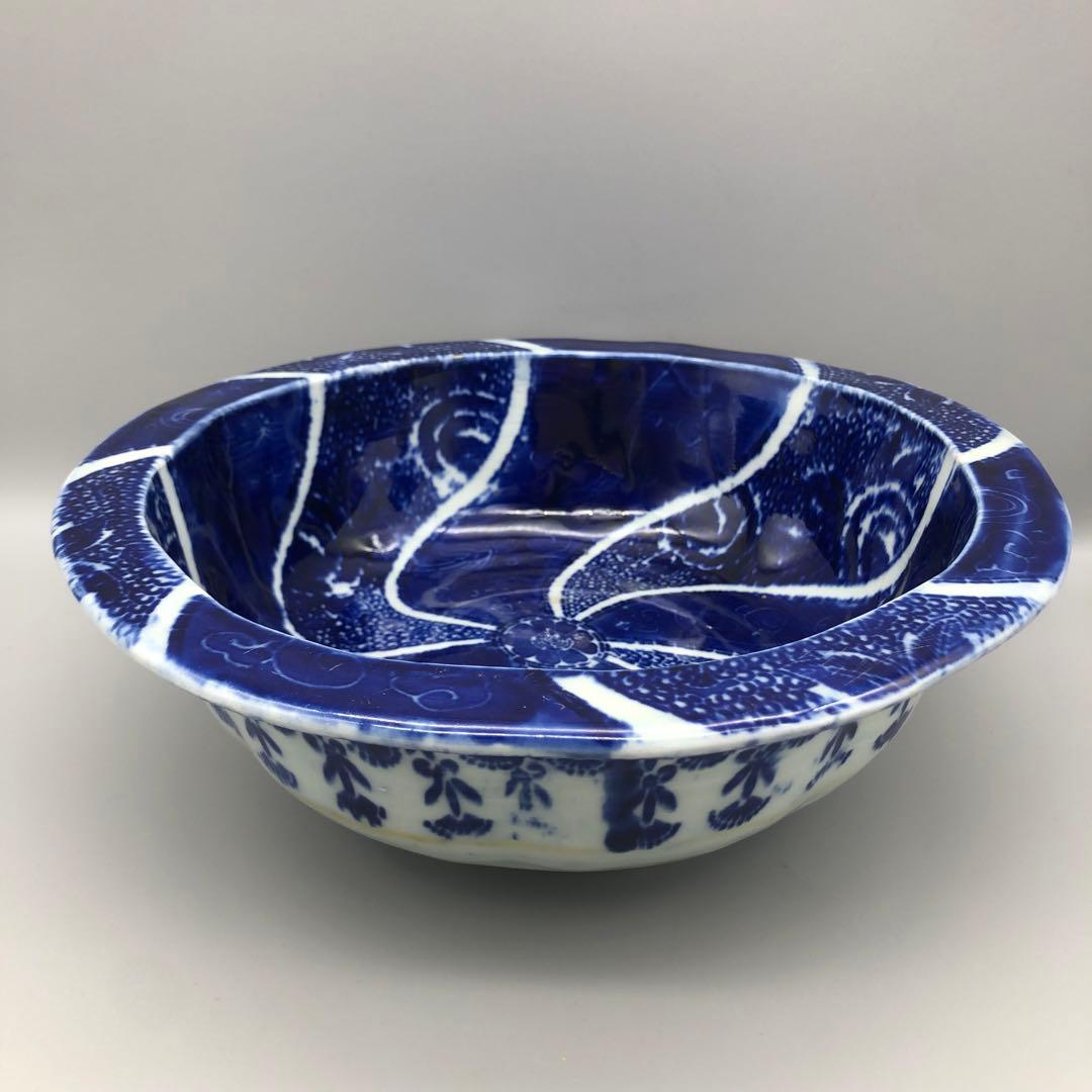 明治時代古伊万里渦巻き花微塵唐草文様ベロ藍印判手鉢ボウル26cm伊万里焼骨董品