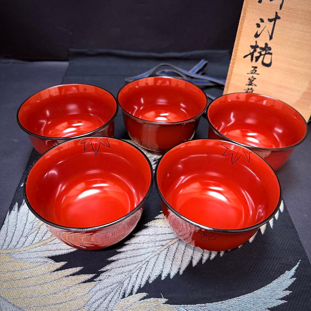 漆器　木製　もみじ桜彫　細工　茶碗　吸物椀　汁椀 5客　共箱