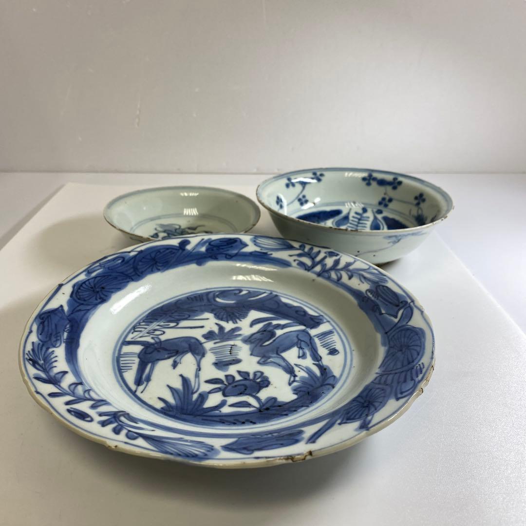 専用　中国明時代　古染付中皿鉢3点　東Y7-0204☆2Fトコオ