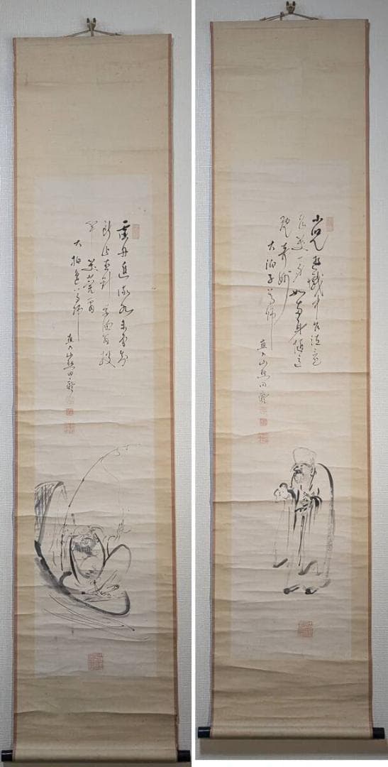 【真作】掛軸　田能村直入　二幅対　文人画人物図　詩文賛あり　共箱入　R101