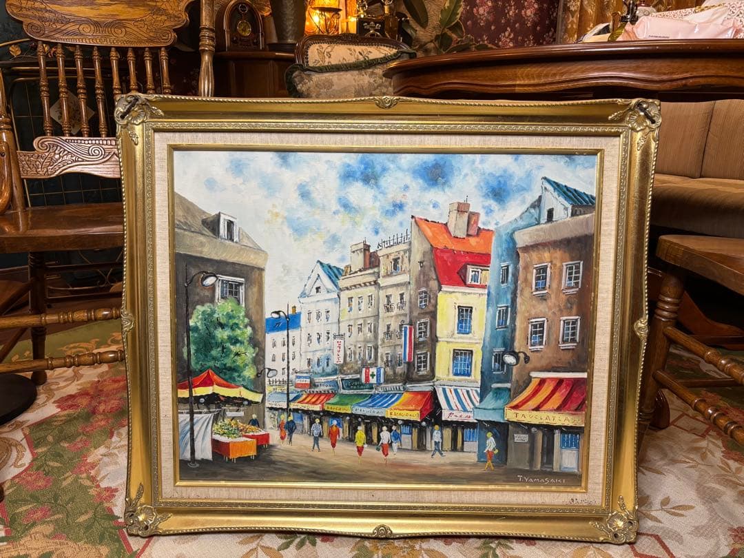 アンティーク絵画　パリの街並み　油彩画