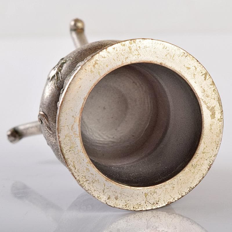 中国　白銅　龍神獣刻　純銀火屋約18g付　三つ足香炉　U　R8073