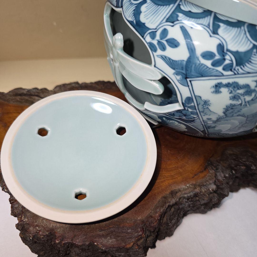 青雲窯 有田焼 染付祥瑞 山水風景図 青雲 茶道具 透かし彫り蜻蛉 三つ足香炉