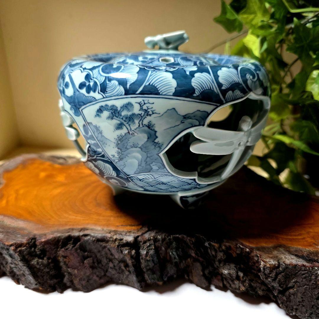 青雲窯 有田焼 染付祥瑞 山水風景図 青雲 茶道具 透かし彫り蜻蛉 三つ足香炉