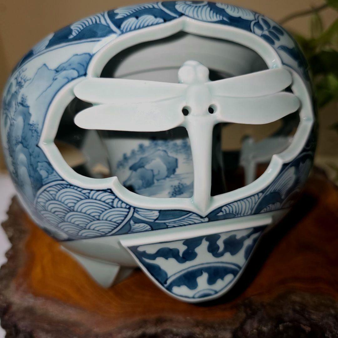 青雲窯 有田焼 染付祥瑞 山水風景図 青雲 茶道具 透かし彫り蜻蛉 三つ足香炉