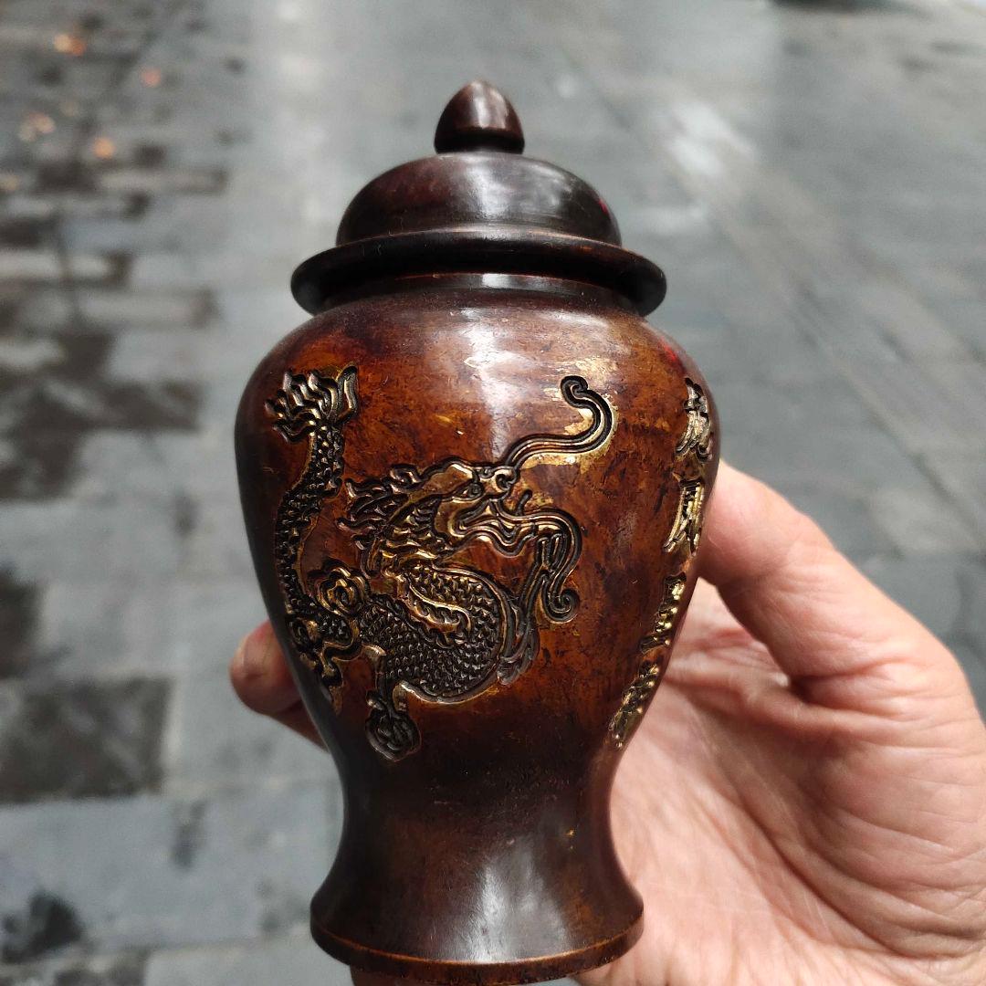 銅器 将軍缶 龍鳳呈祥 物置缶 茶葉缶 工芸品 置物