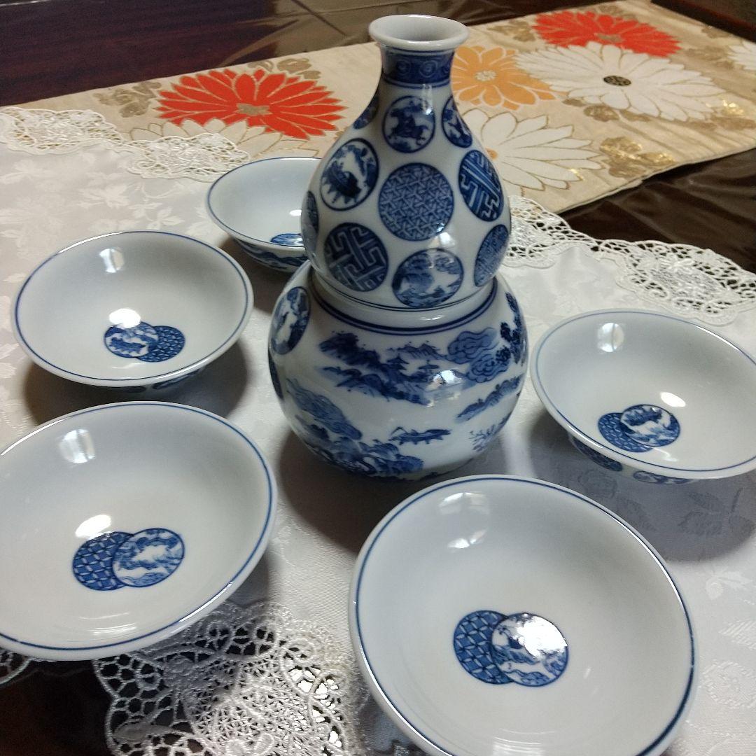 希少品　京焼　清水焼　北村賀善　祥瑞丸紋　徳利と盃　5客