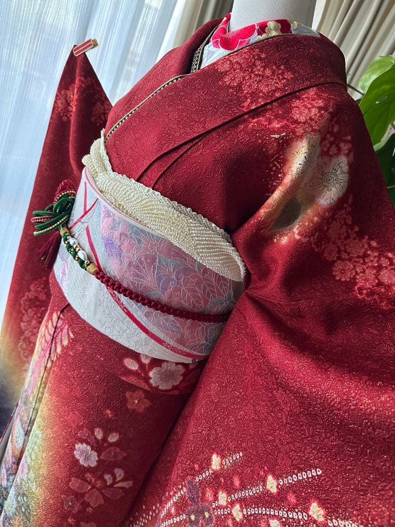 てな 振袖フルセット 赤×金通し 辻ヶ花 絞り ぼかし染めIK