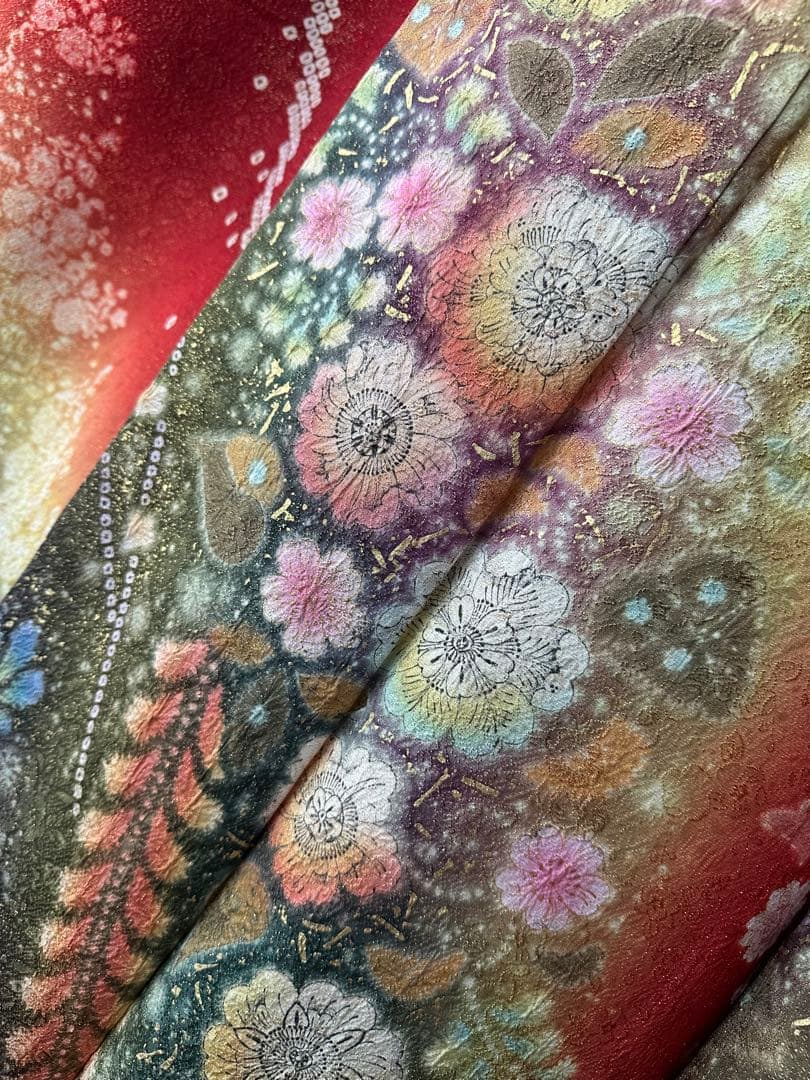てな 振袖フルセット 赤×金通し 辻ヶ花 絞り ぼかし染めIK