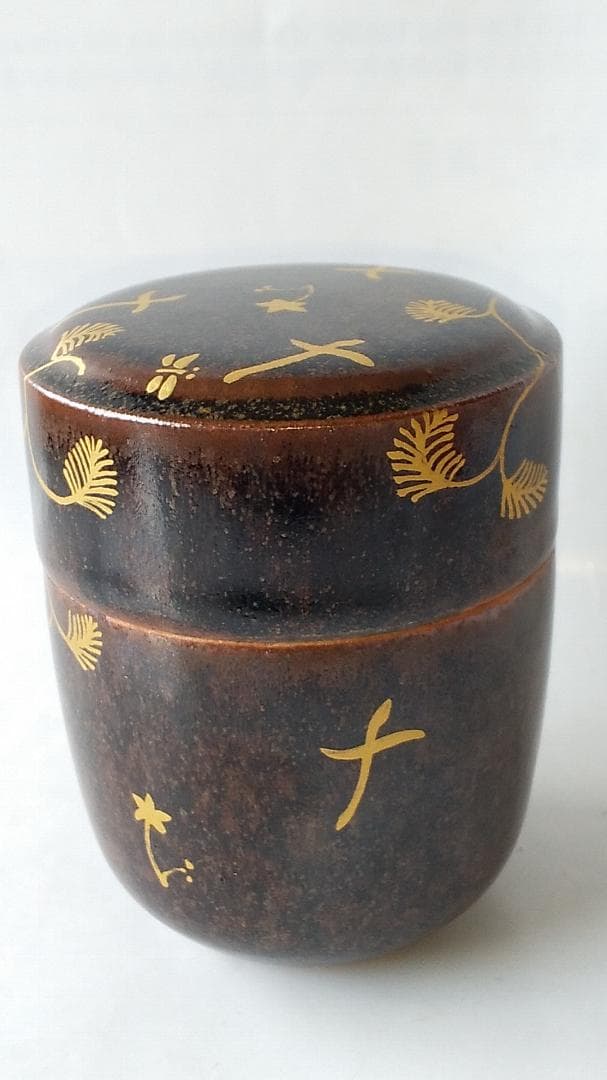 珍品 膳所焼 淡海ぜぜ 陽炎園 岩崎健三 作 陶器製 金彩 蝶鳥棗 茶道具 新品