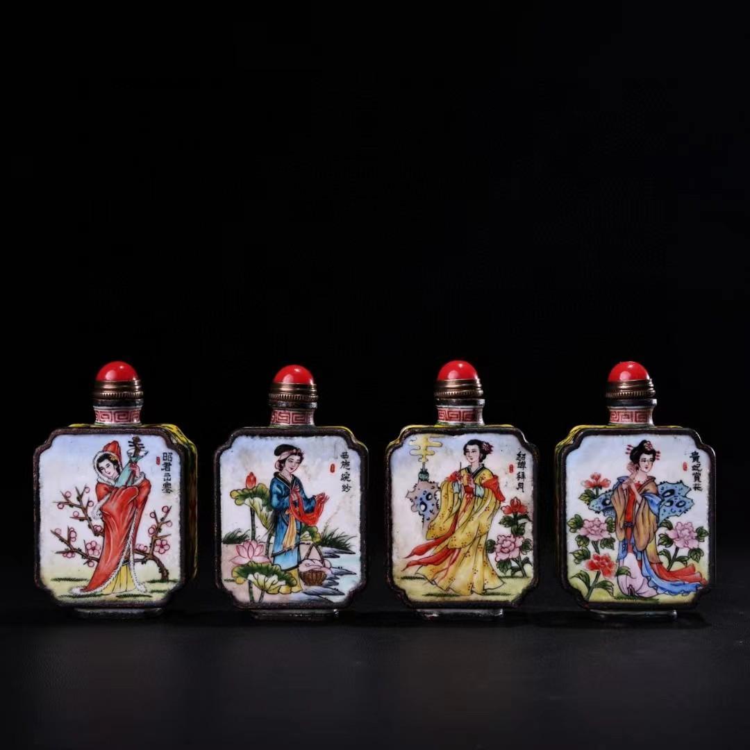 中国古美術・旧藏純銅製景泰藍四大美女の鼻煙壺・純手描き・七宝烧 ・純銅製・置物