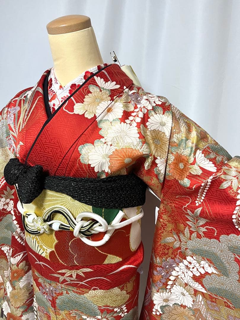 【美おり】FR52157 振袖 正絹 振袖フルセット 7点セット 成人式 赤✖️黒