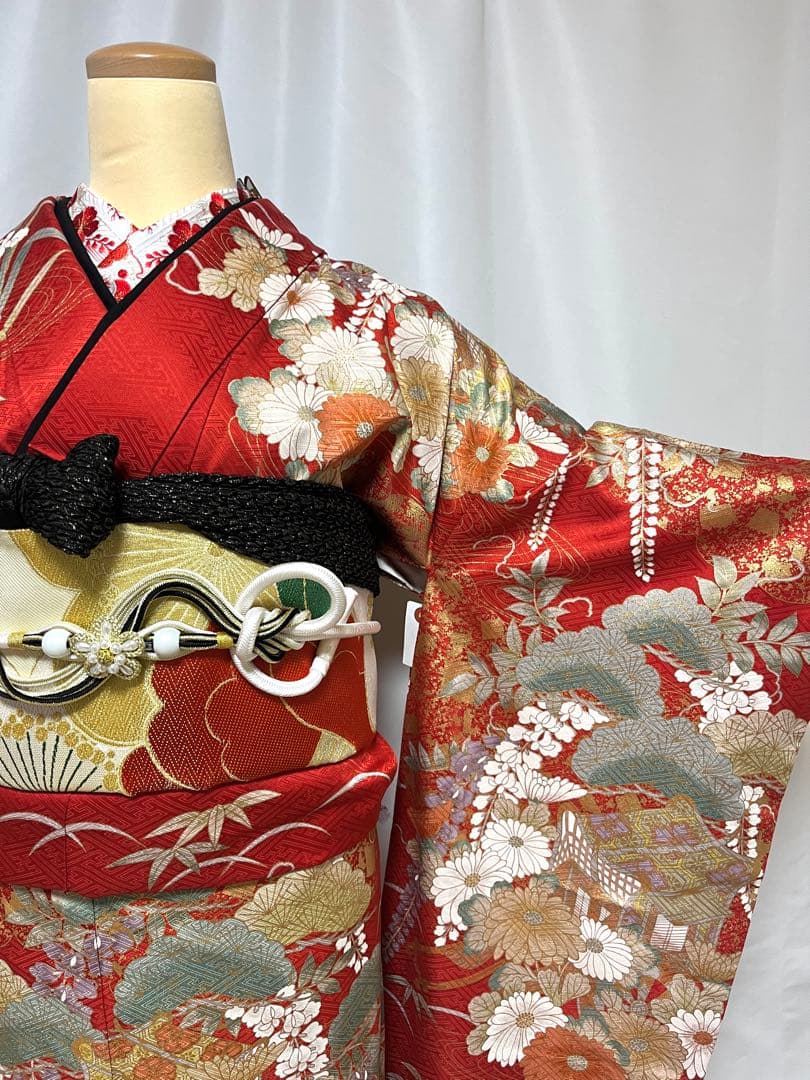 【美おり】FR52157 振袖 正絹 振袖フルセット 7点セット 成人式 赤✖️黒