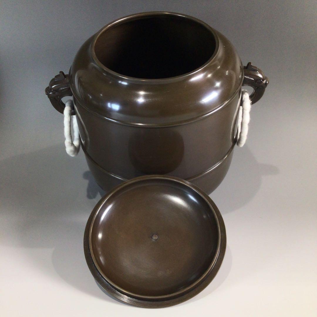 Ｐ３８１　皆具　『藤井宗喜造』『唐銅』『鬼面釻』『水指　建水　蓋置　杓立』　共箱