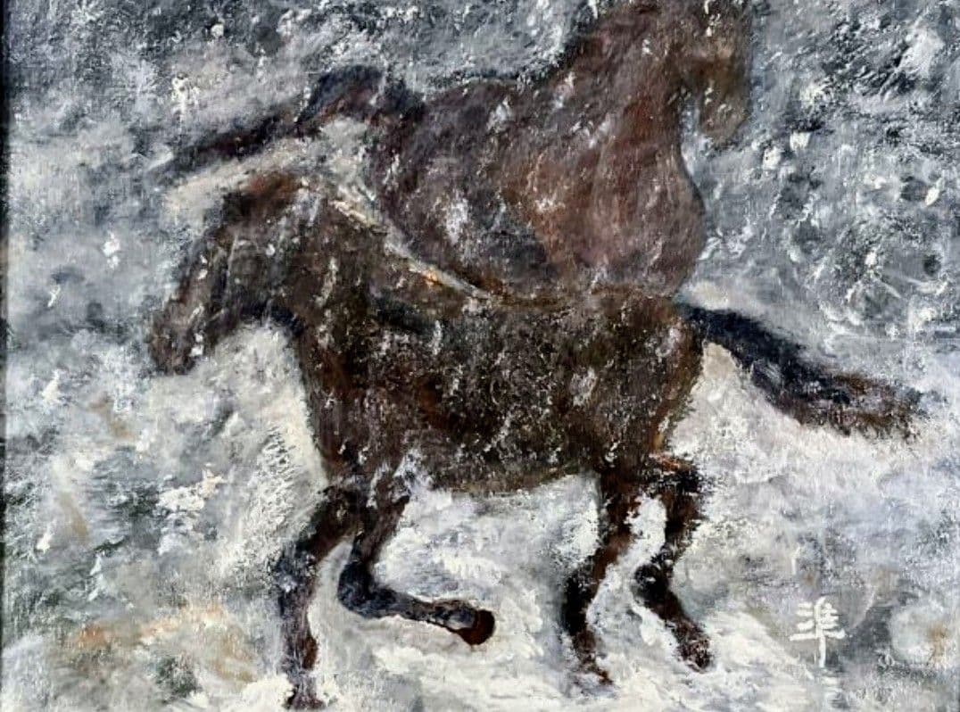 2026年の干支「午」双駒 油彩 サイン準『雪中馬』F10 逸品 額付