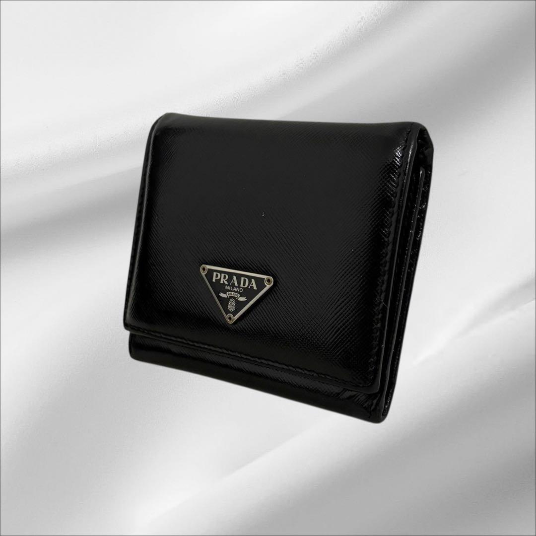 極美品✨ PRADA プラダ 三つ折り財布 オールレザー ブラック 三角ロゴ