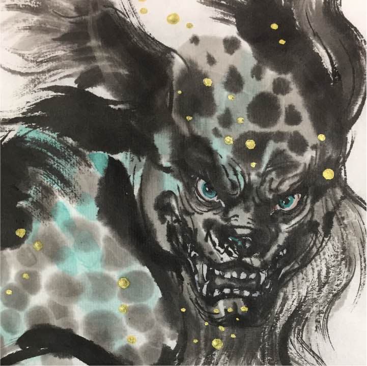 振り向く獅子、和紙24m×33cm,墨