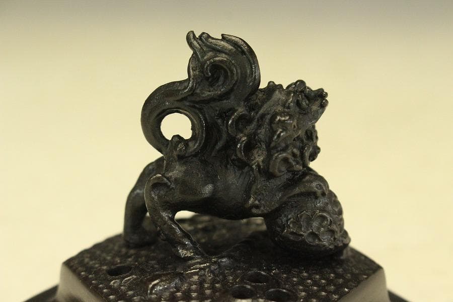 銅製 六角 象足 獅子蓋 香炉 未使用 共箱(LC790)
