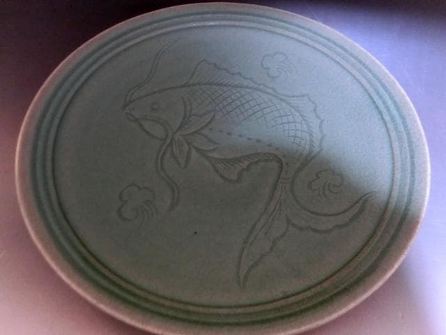 菓子鉢■釜谷陶房 申相浩 魚紋青磁大皿 高麗青磁 共箱 古美術 時代物 骨董品■