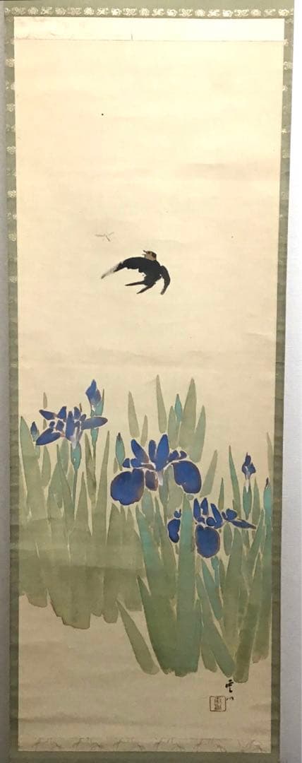 K茶道具　掛軸　杜若(かきつばた)　小寺雲洞作(明治ー昭和)共箱　S1014KJ