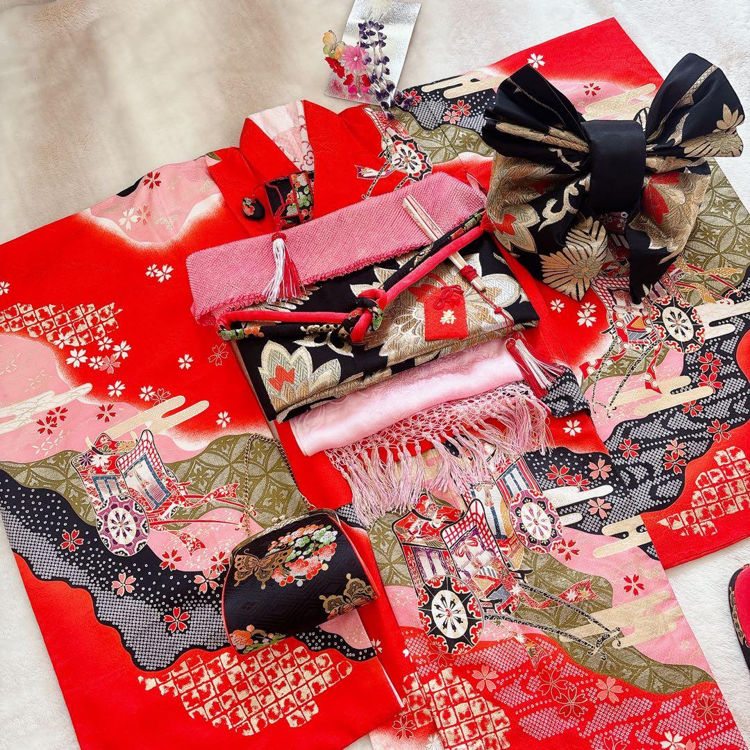 七五三　7歳　四つ身　正絹　子供　着物　作り帯　女の子　長襦袢　フルセット