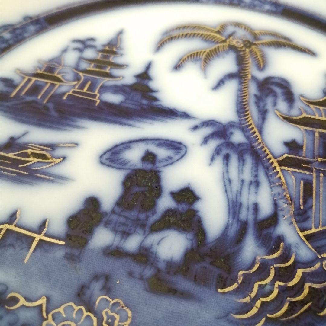 デルフト　阿蘭陀焼　ペトルスレグー　フローブルー　金彩にじみ手　皿１客
