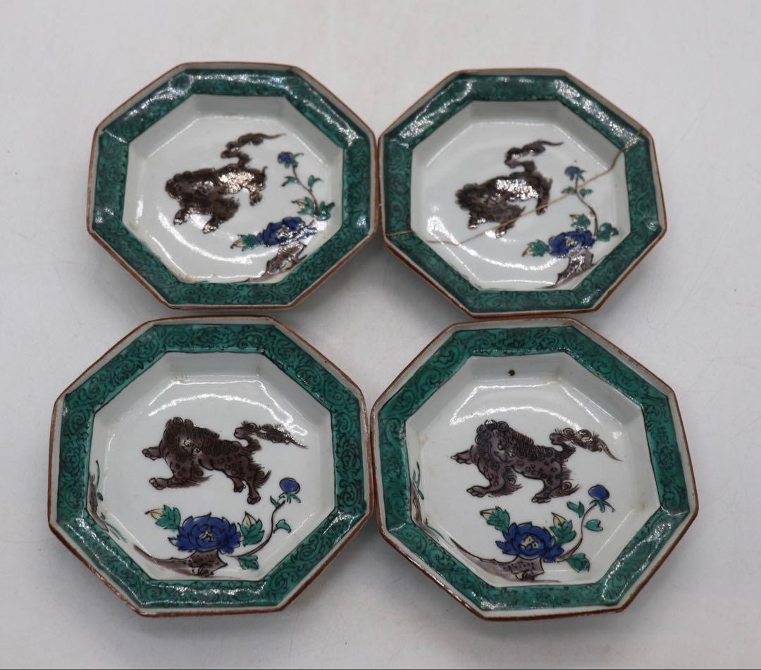 青九谷　牡丹獅子紋角皿4点　江戸　送料込み250511