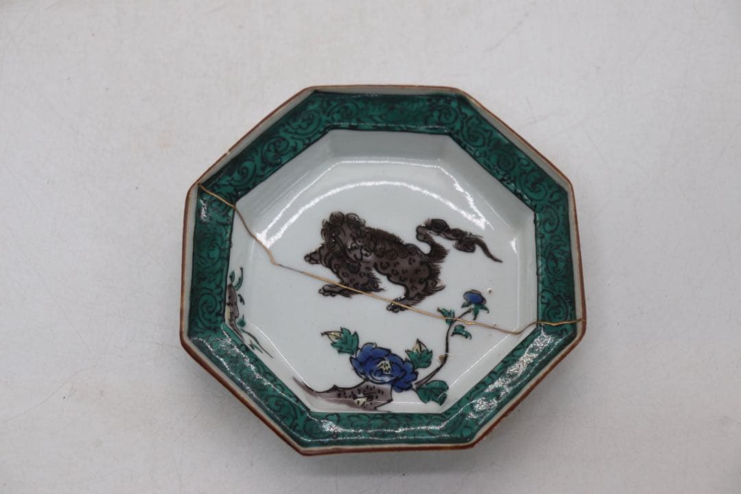 青九谷　牡丹獅子紋角皿4点　江戸　送料込み250511