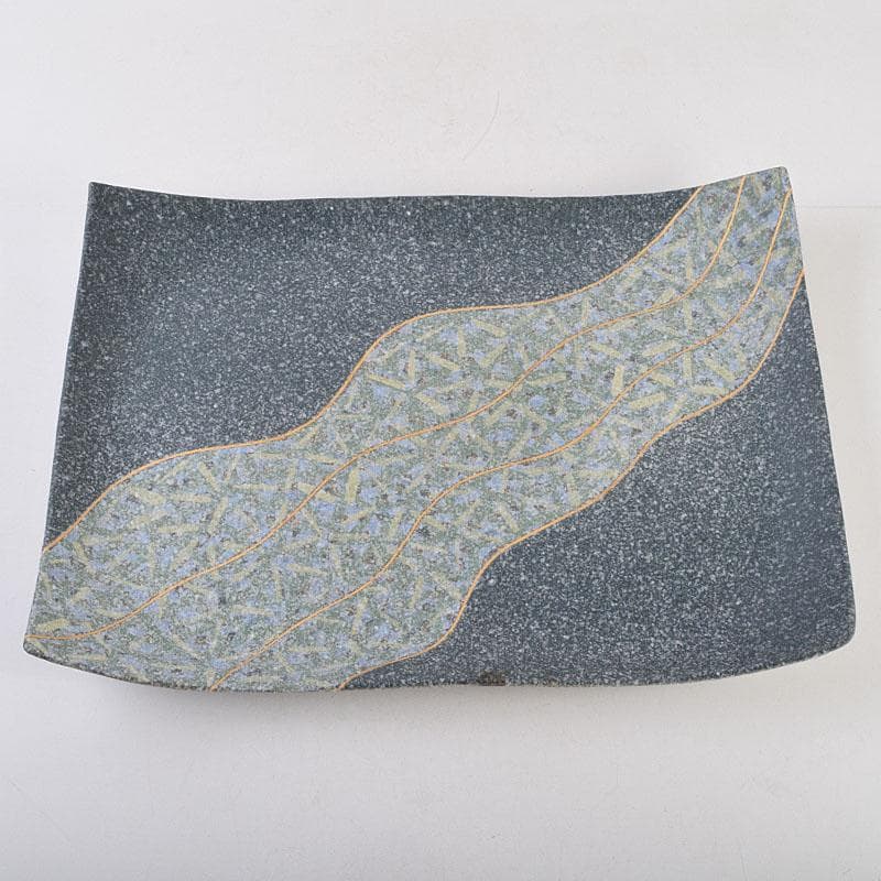 丹波焼　珀耀窯　清水一ニ作　吹泥金彩流文　長形皿　共布共箱　C　R9159B