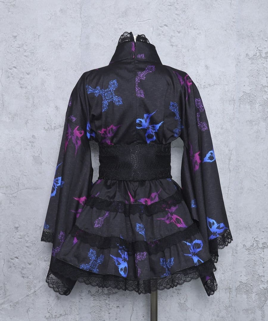 amilige クロス蝶々総柄 浴衣ワンピース＋帯セット ブラック×ブルー