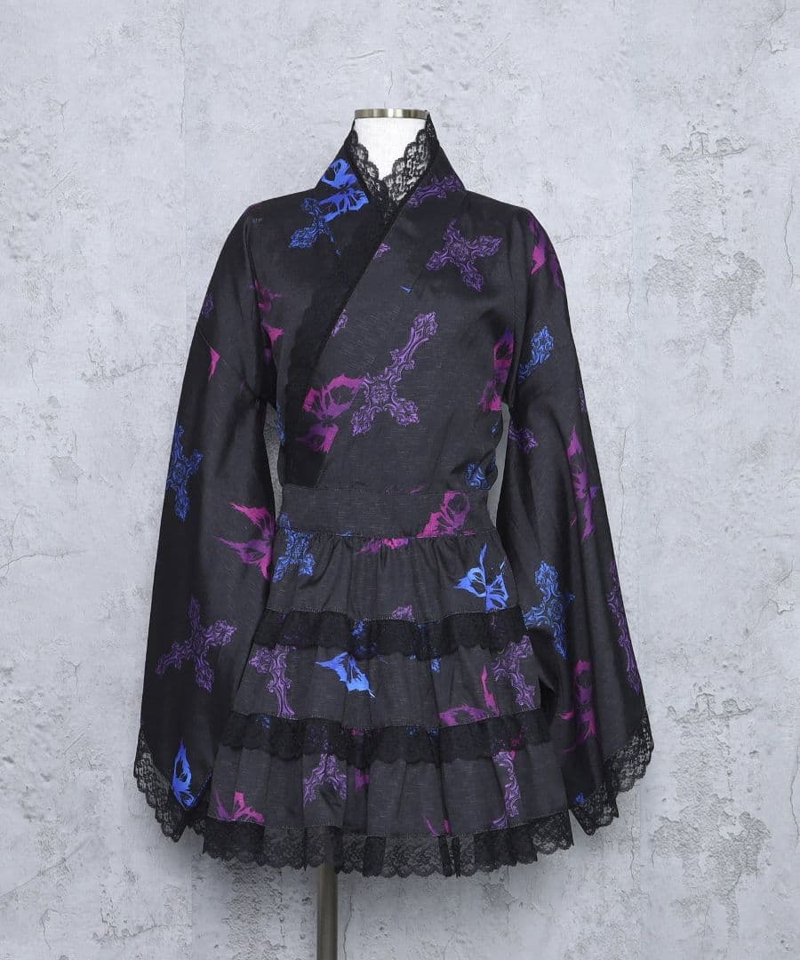 amilige クロス蝶々総柄 浴衣ワンピース＋帯セット ブラック×ブルー