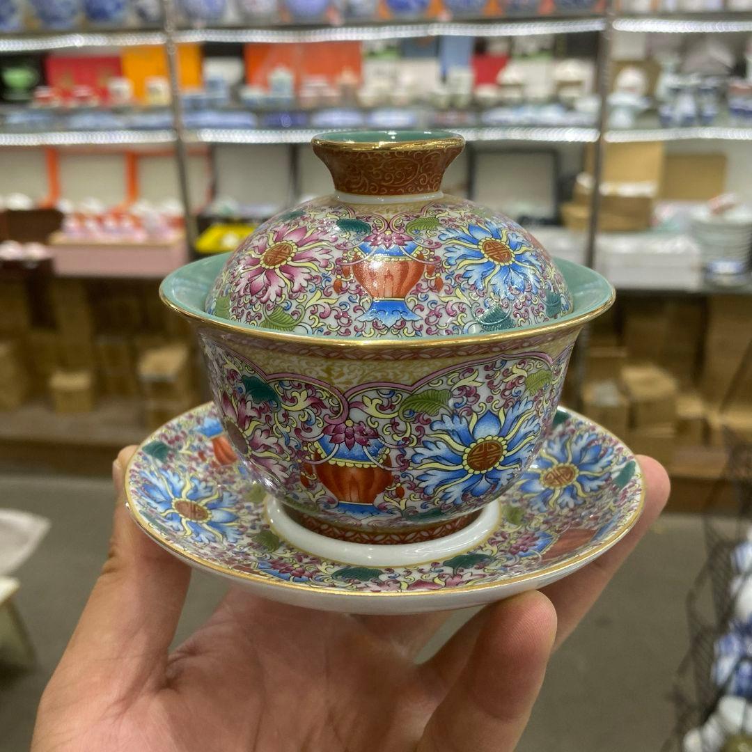 中国茶器 琺瑯彩錦繡纏蓮蓋碗 景徳镇 蓋付き茶器 飲茶食器 煎茶具 未使用品