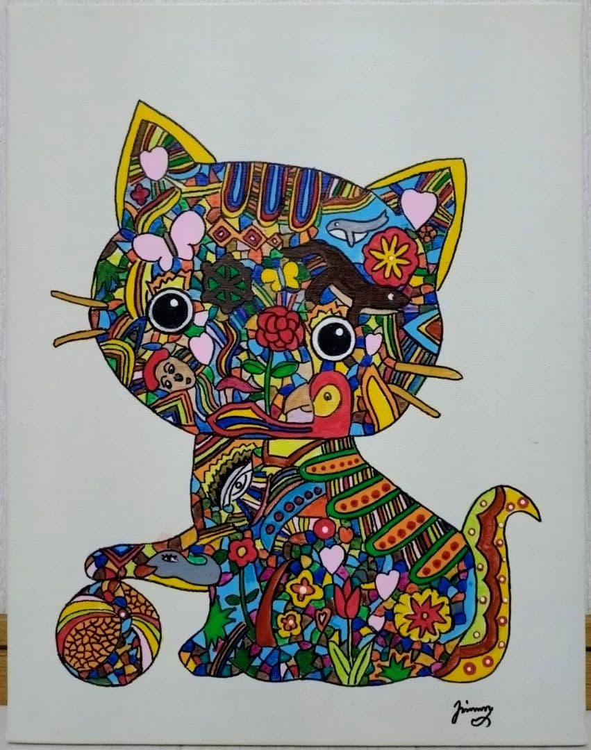 【F6号】ジミー大西【Cat】手描き作品/表裏サイン/油彩/アクリル/絵画/額縁