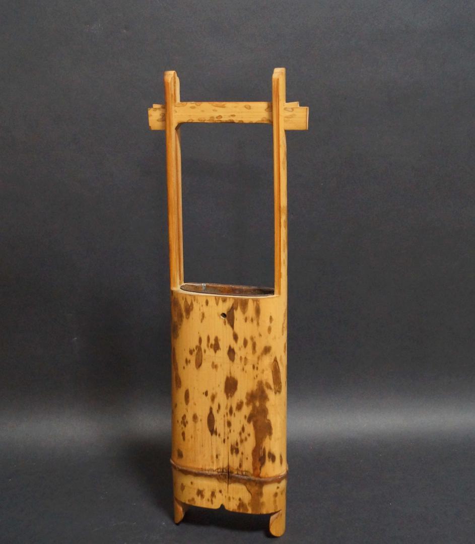 茶道具 斑竹 桶扁形造形 壁掛花入 華入れ 花入 銅製筒入★