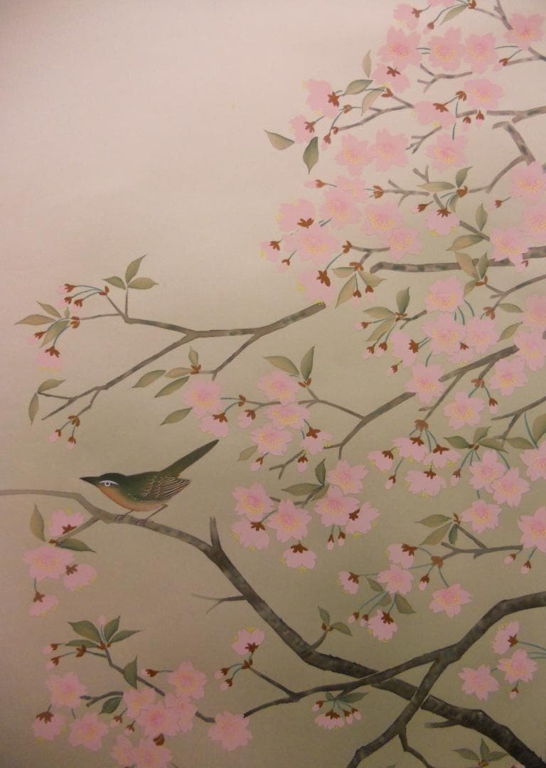 掛け軸 高井一鳳 『 桜に小禽 』 絹本 希少 軸装 茶道具 掛軸 美品 です。