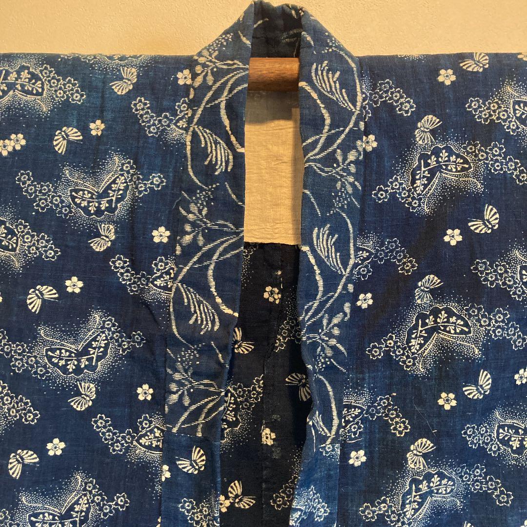 古布　半襦袢　両面染め　型染　藍染　蝶々　桜