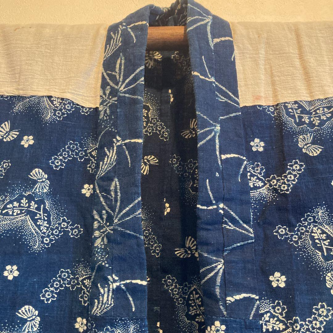 古布　半襦袢　両面染め　型染　藍染　蝶々　桜