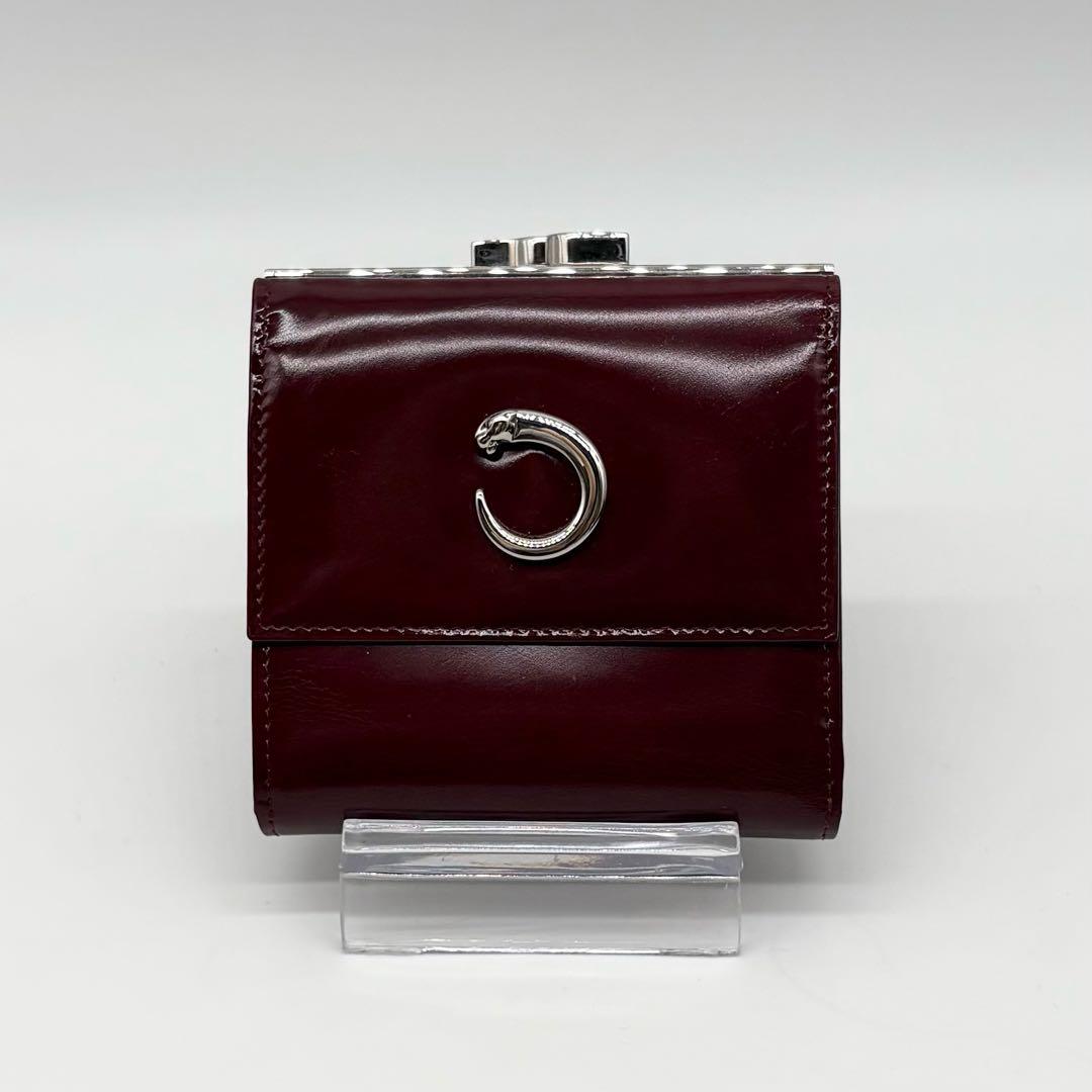 【美品】Cartier レザー 2つ折り財布 パンテール がま口 プレート ロゴ