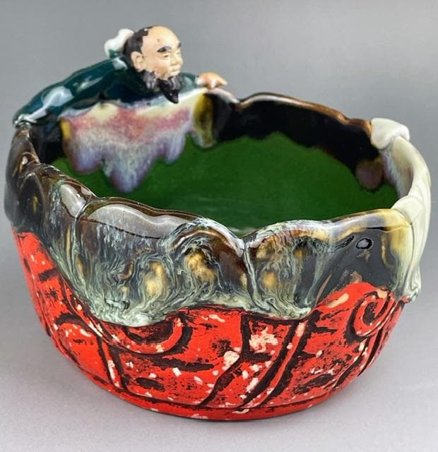 【希少】隅田焼 高浮彫人物立体造形焼物 明治期 ボウル トレイ 深皿 井上良斎