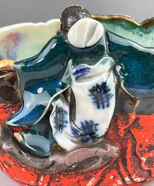 【希少】隅田焼 高浮彫人物立体造形焼物 明治期 ボウル トレイ 深皿 井上良斎