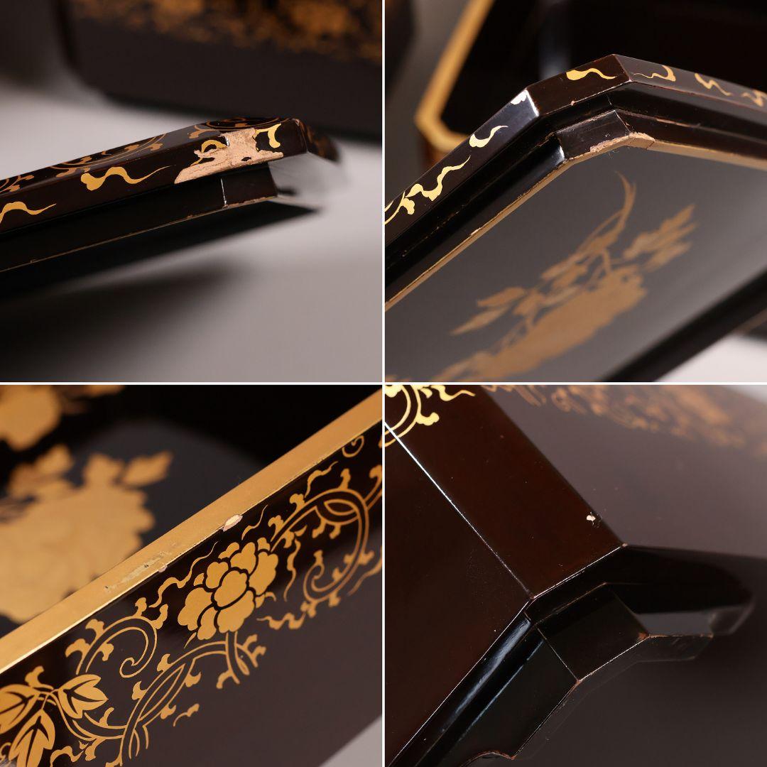 木製 漆塗 牡丹獅子 花唐草 金蒔絵 饅頭箱一対 菓子重 菓子箱【CM285】