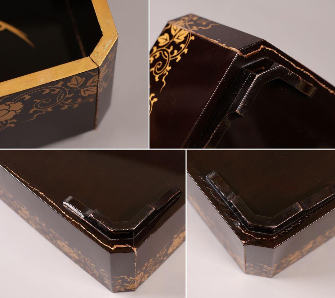 木製 漆塗 牡丹獅子 花唐草 金蒔絵 饅頭箱一対 菓子重 菓子箱【CM285】