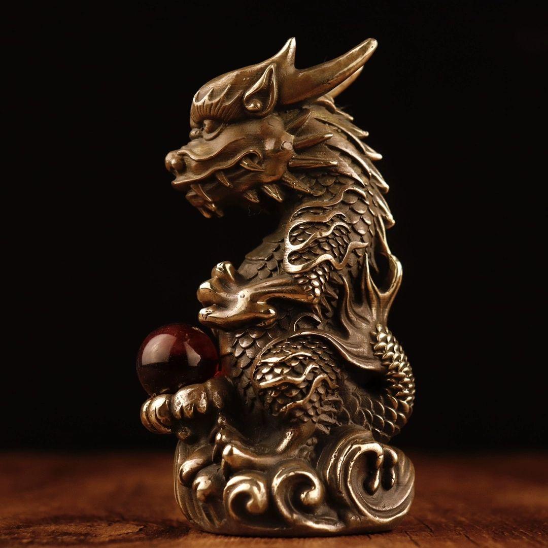 銅制 十二支竜 マスコット 戯珠竜招財 風水 開運 装飾品 工芸品 置物