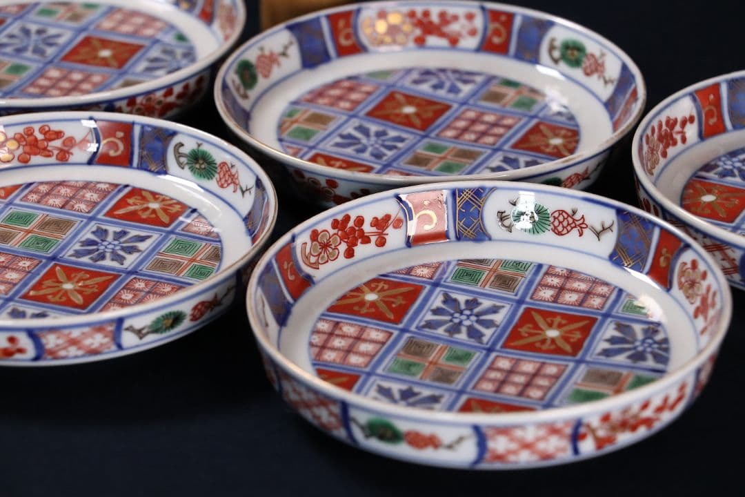 時代 大聖寺伊万里 奇玉宝鼎之珍 錦手小紋小皿 五客 12cm 色絵 MA407