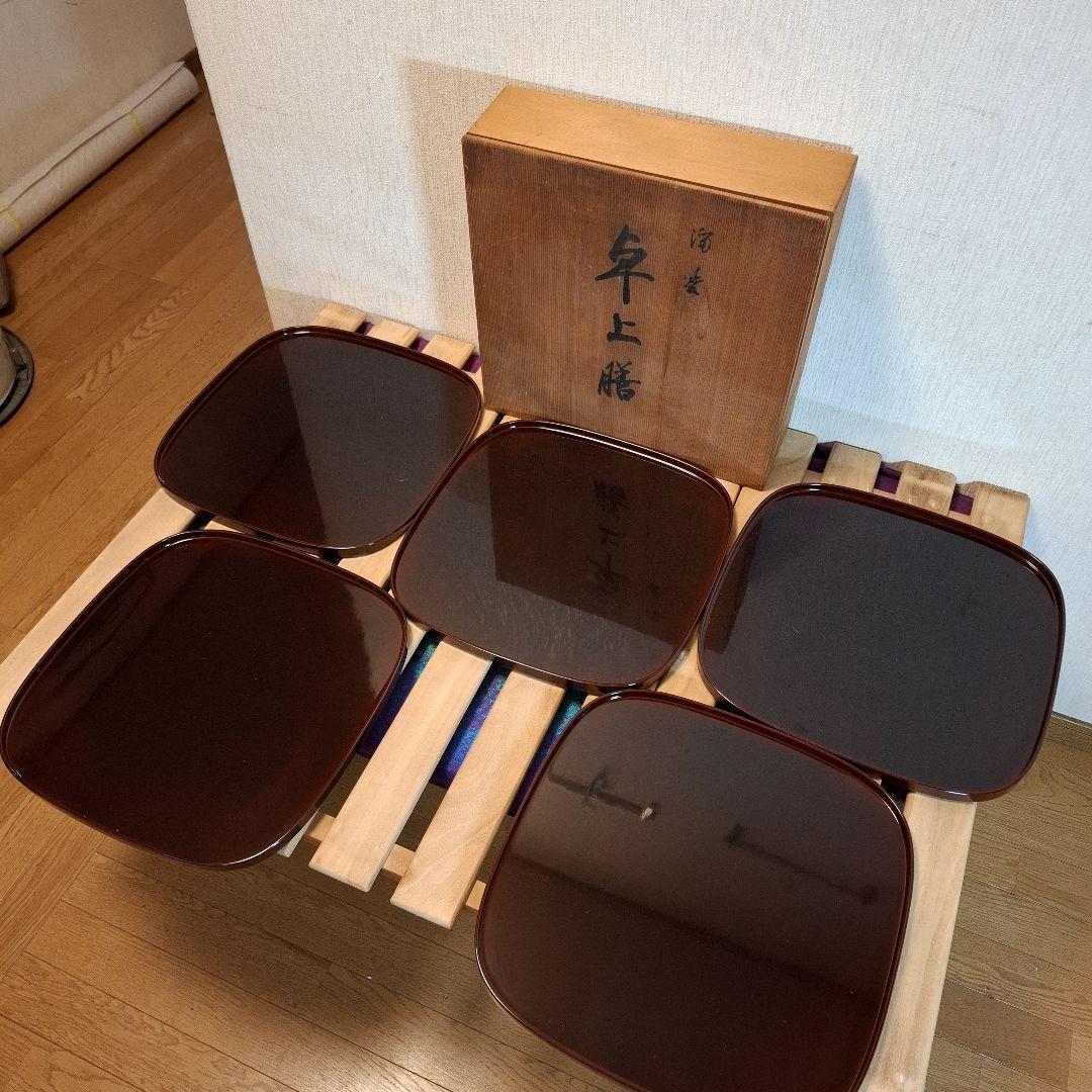 輪島塗 溜塗 会席盆　5客 銘々膳 盆 木製漆器 木箱　茶道具