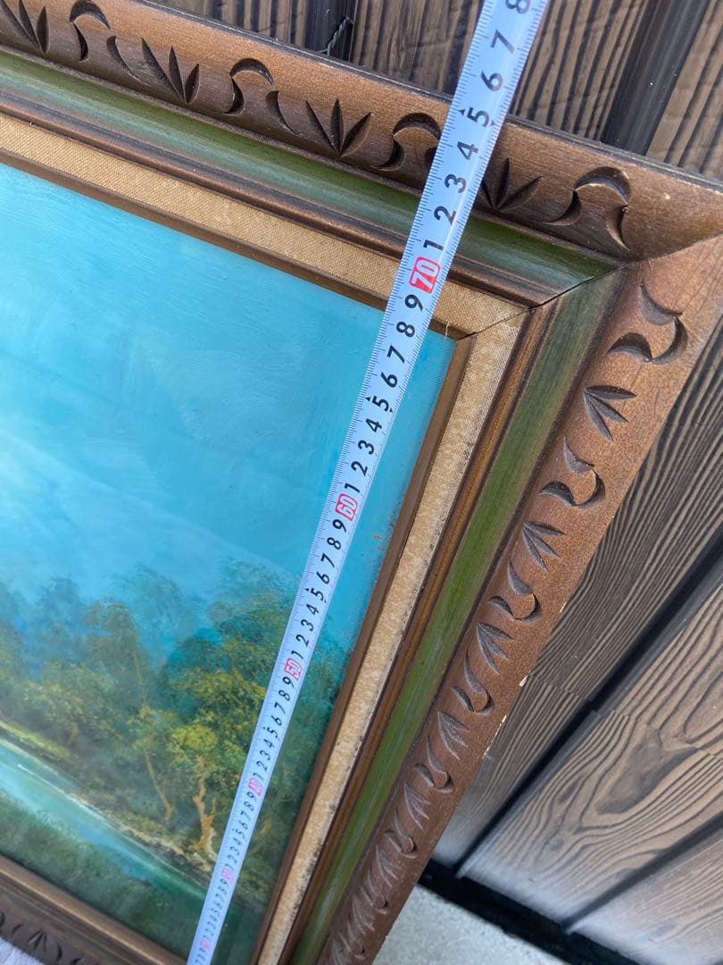 風景画　油彩　木製フレーム付　山水画　特大　大判　アンティーク　絵画